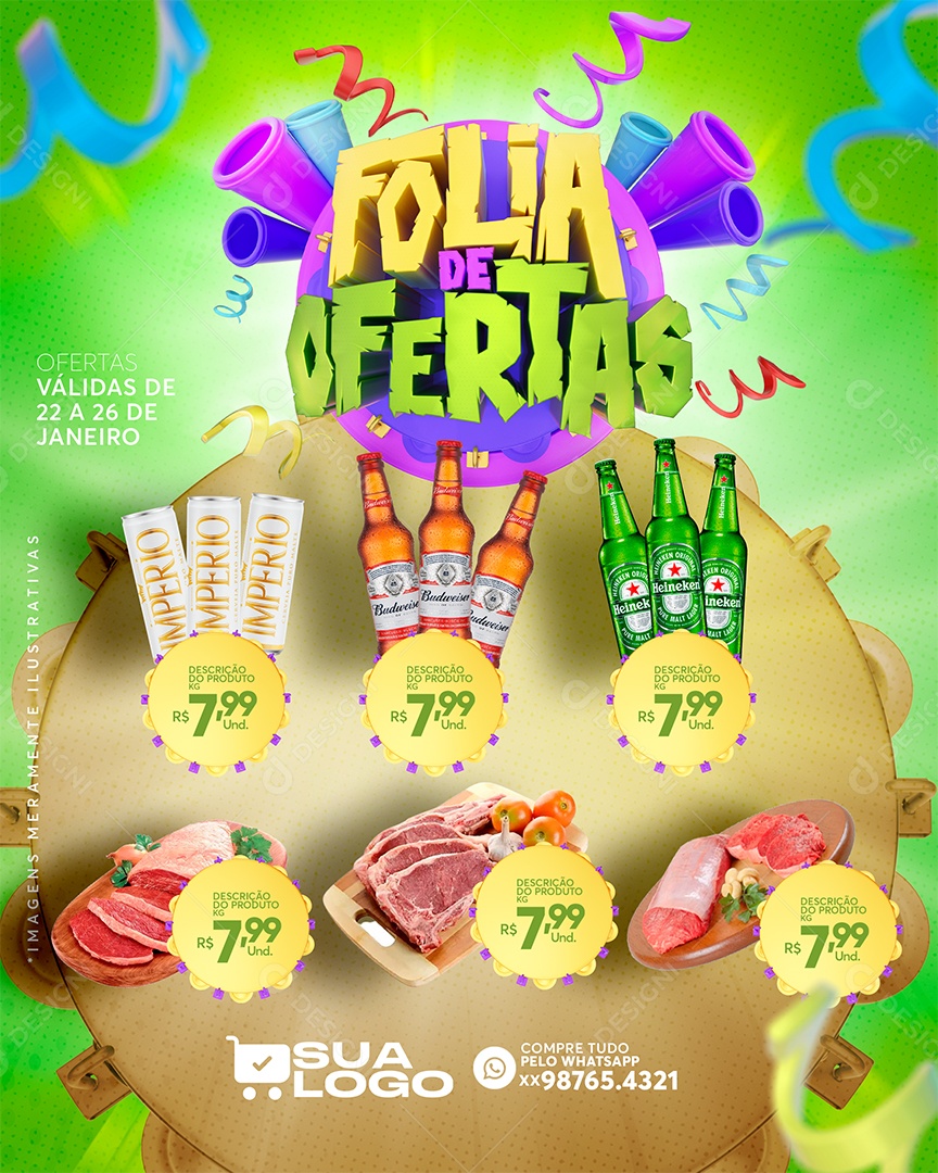 Post Supermercado Carnaval Folia Bebidas e Carnes Social Media PSD Editável