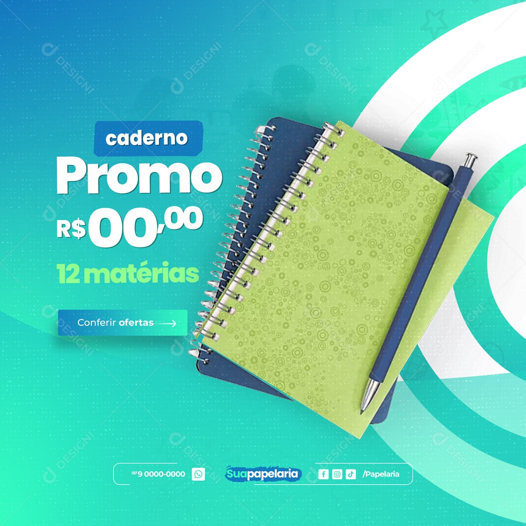 Caderno 12 Matérias Papelaria Social Media PSD Editável