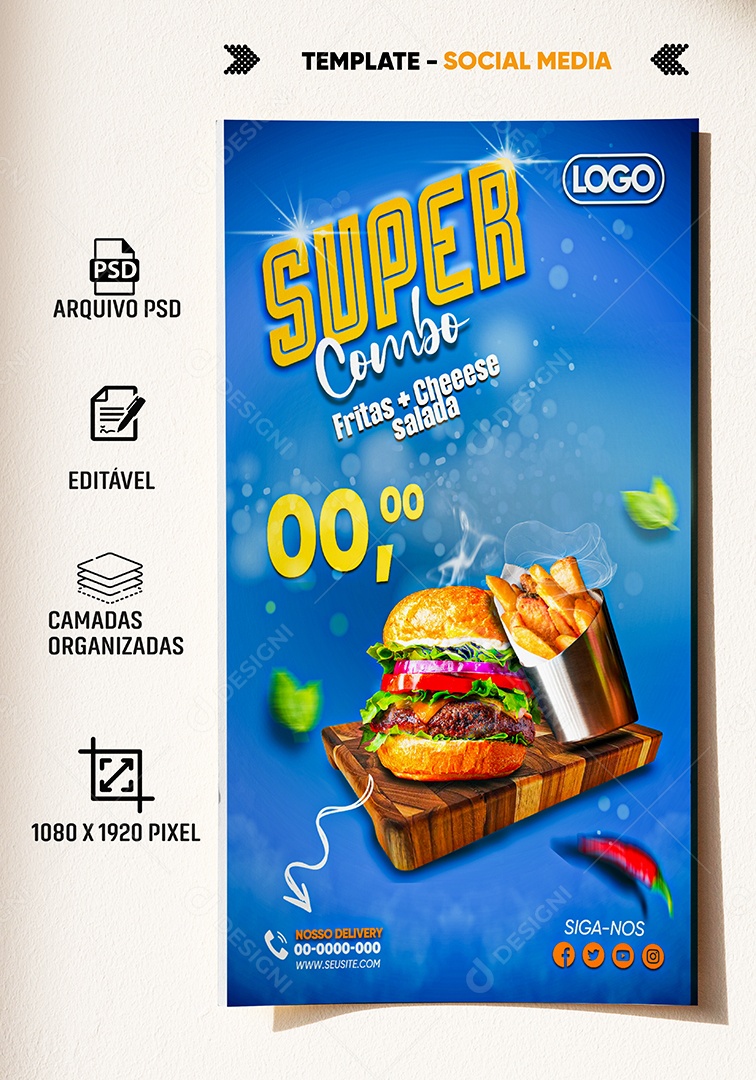 Story Super Combo Fritas + Cheeese Salada Venha Conferir Social Media PSD Editável