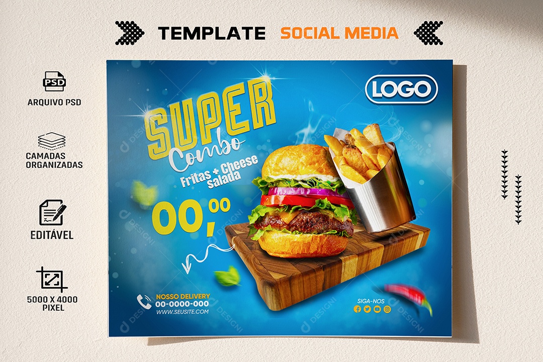 Super Combo Fritas + Cheeese Salada Venha Conferir Social Media PSD Editável