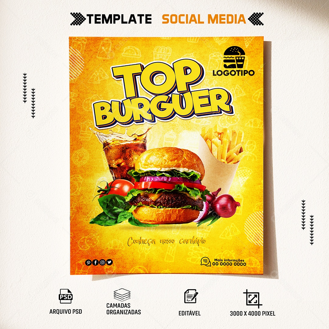 Top Burguer Conheça Nosso Cardápio Social Media PSD Editável