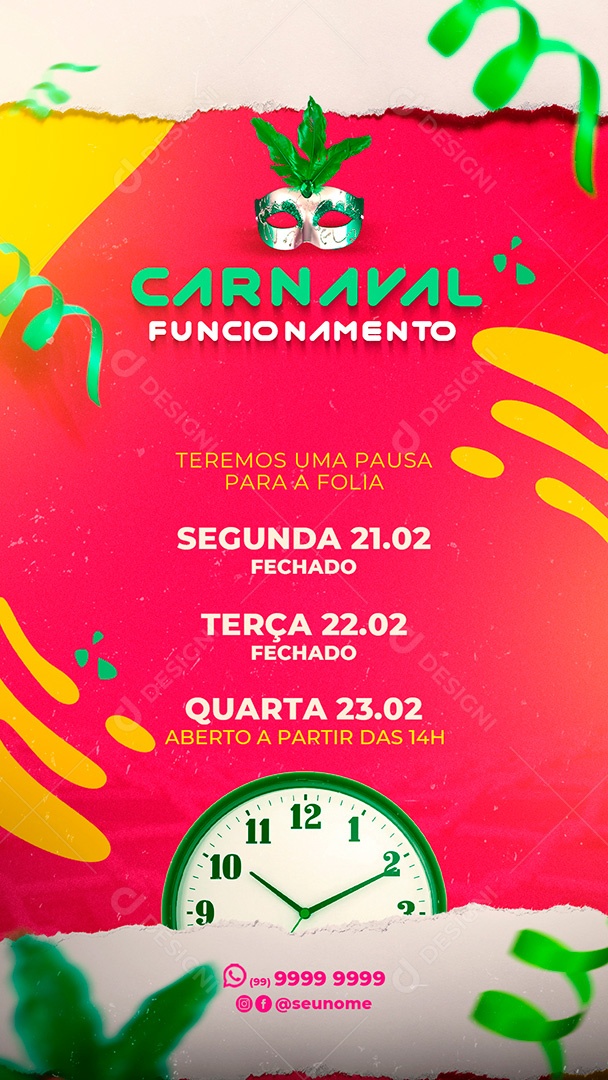Post Story Funcionamento Carnaval 2023 Social Media PSD Editável