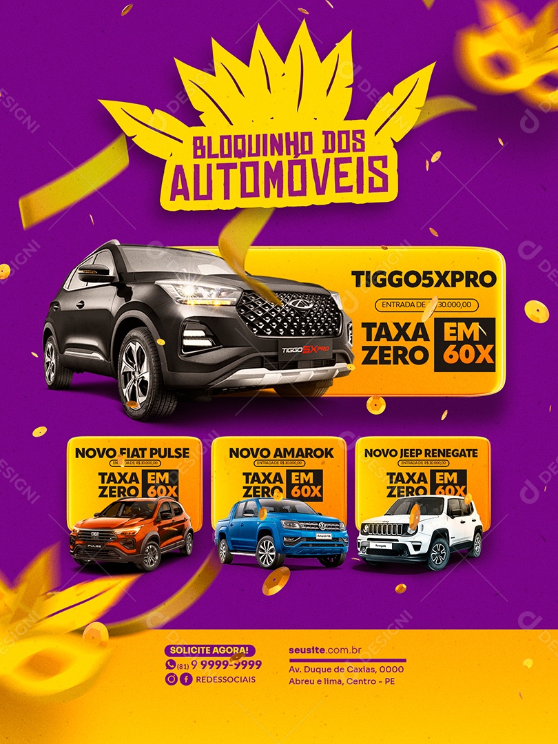 Encarte Bloquinho dos Automóveis Carnaval Concessionária Social Media PSD Editável