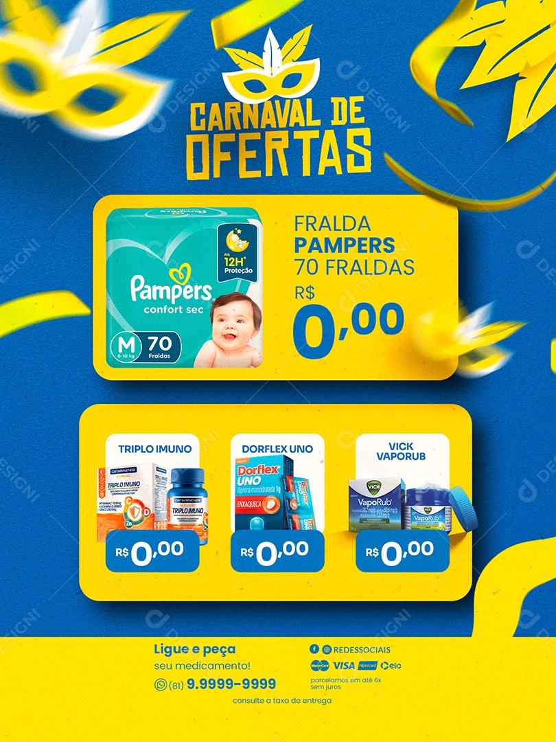 Encarte de Ofertas Fralda Pampers Carnaval Farmácia Social Media PSD Editável