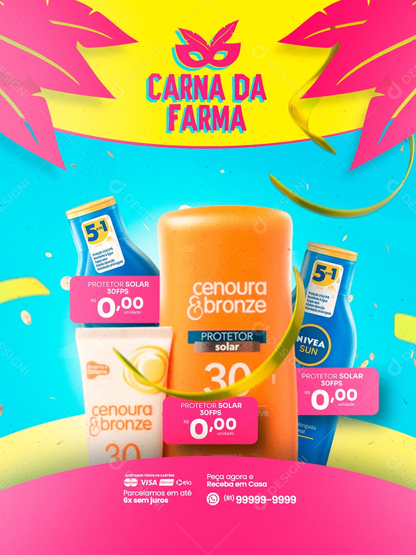 Encarte da Farma Protetor Solar Carnaval Farmácia Social Media PSD Editável