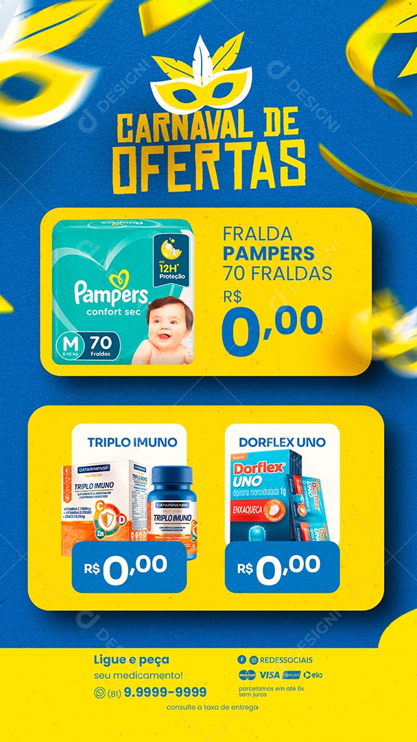 Story Encarte de Ofertas Fralda Pampers Carnaval Farmácia Social Media PSD Editável