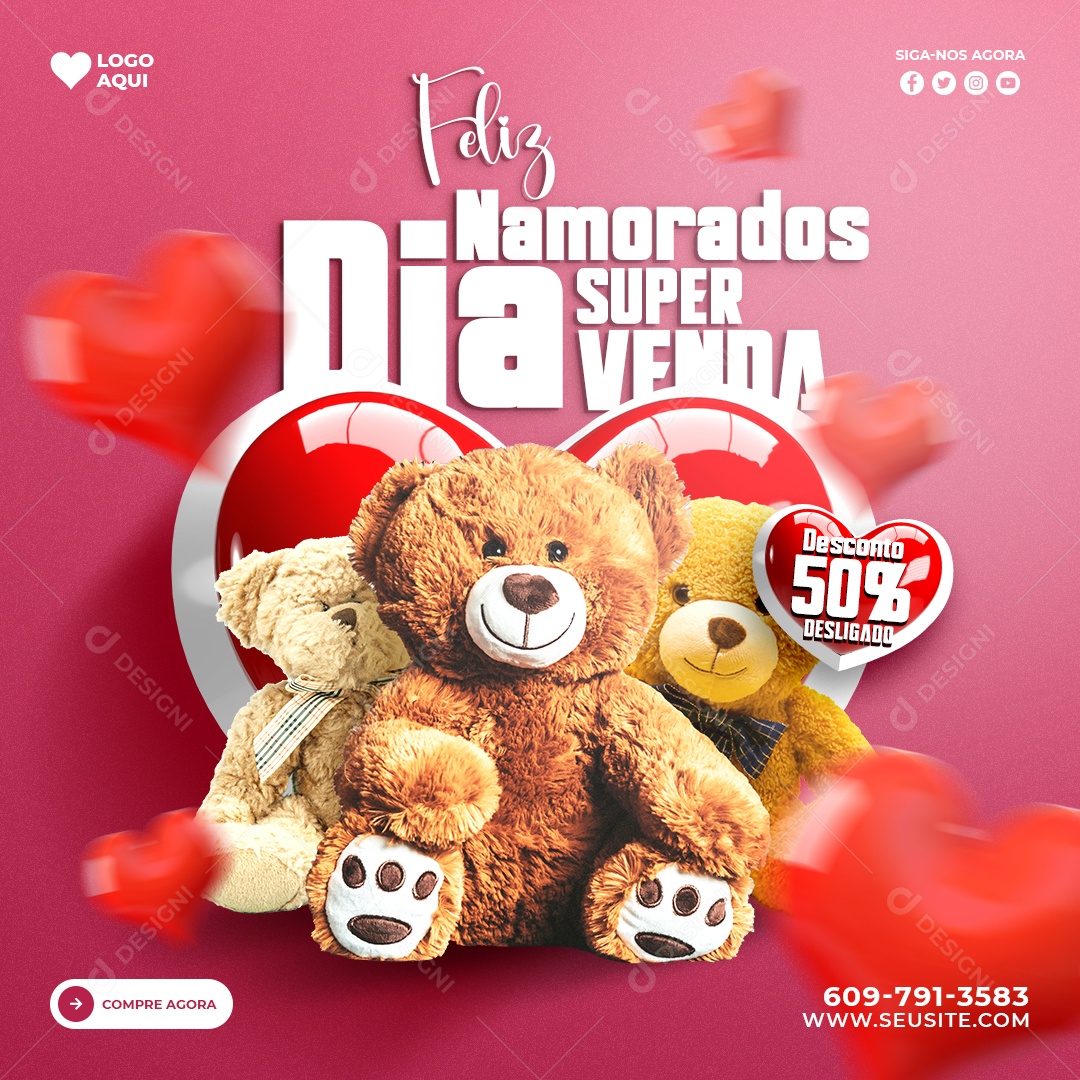 Post Dia dos Namorados Promoção 50% Social Media PSD Editável