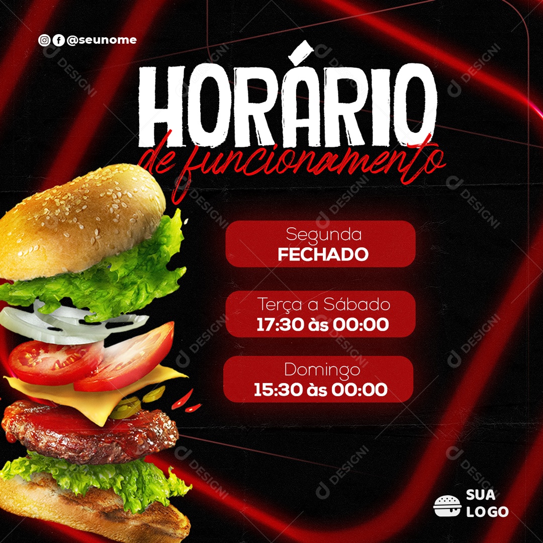 Hamburgueria Horário de Funcionamento Venha Conferir Social Media PSD Editável