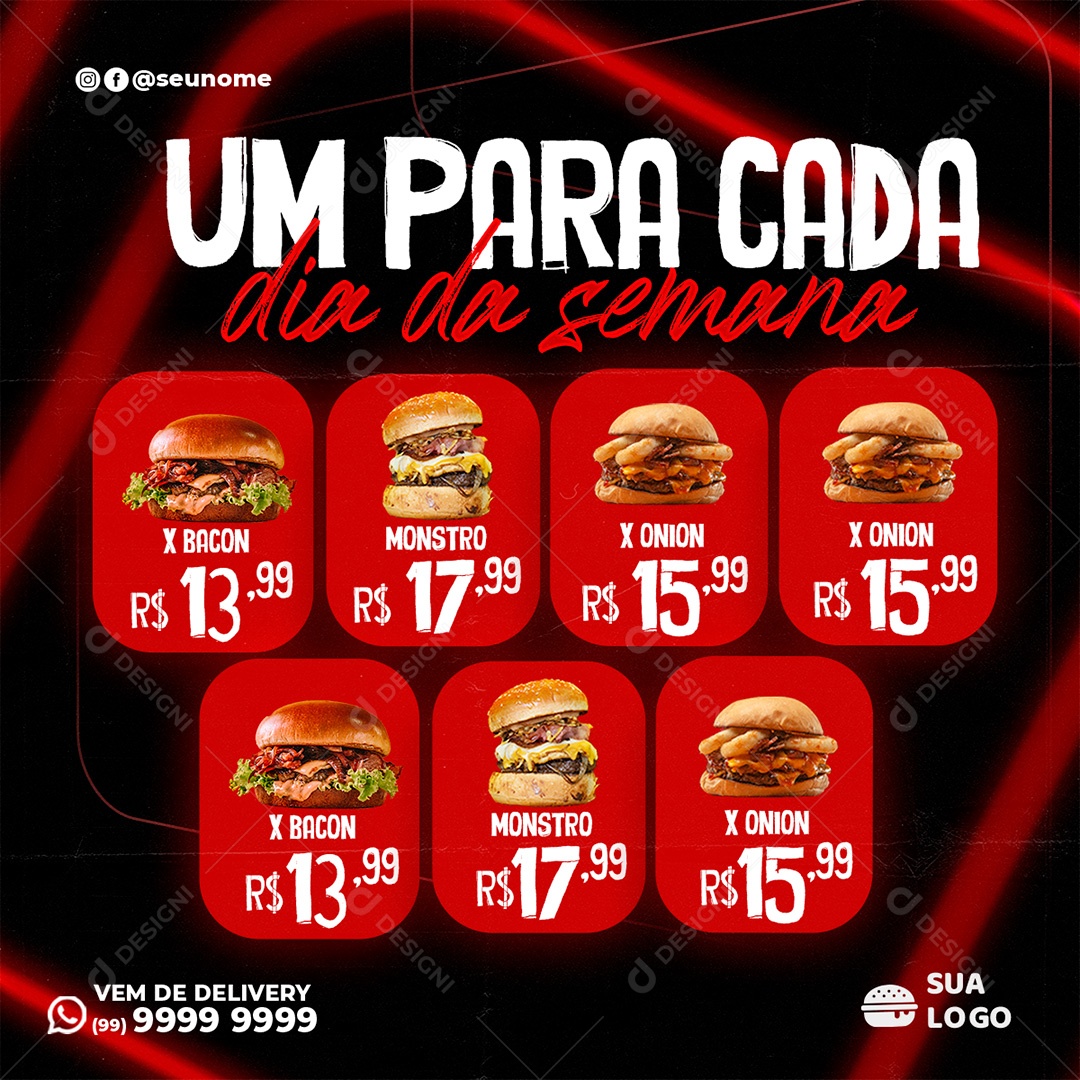 Post Hamburgueria Um Para Cada Dia Social Media PSD Editável