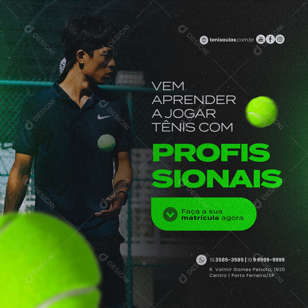 Vem Aprender a Jogar Tênis com Profissionais Aula de Tênis Social Media PSD Editável