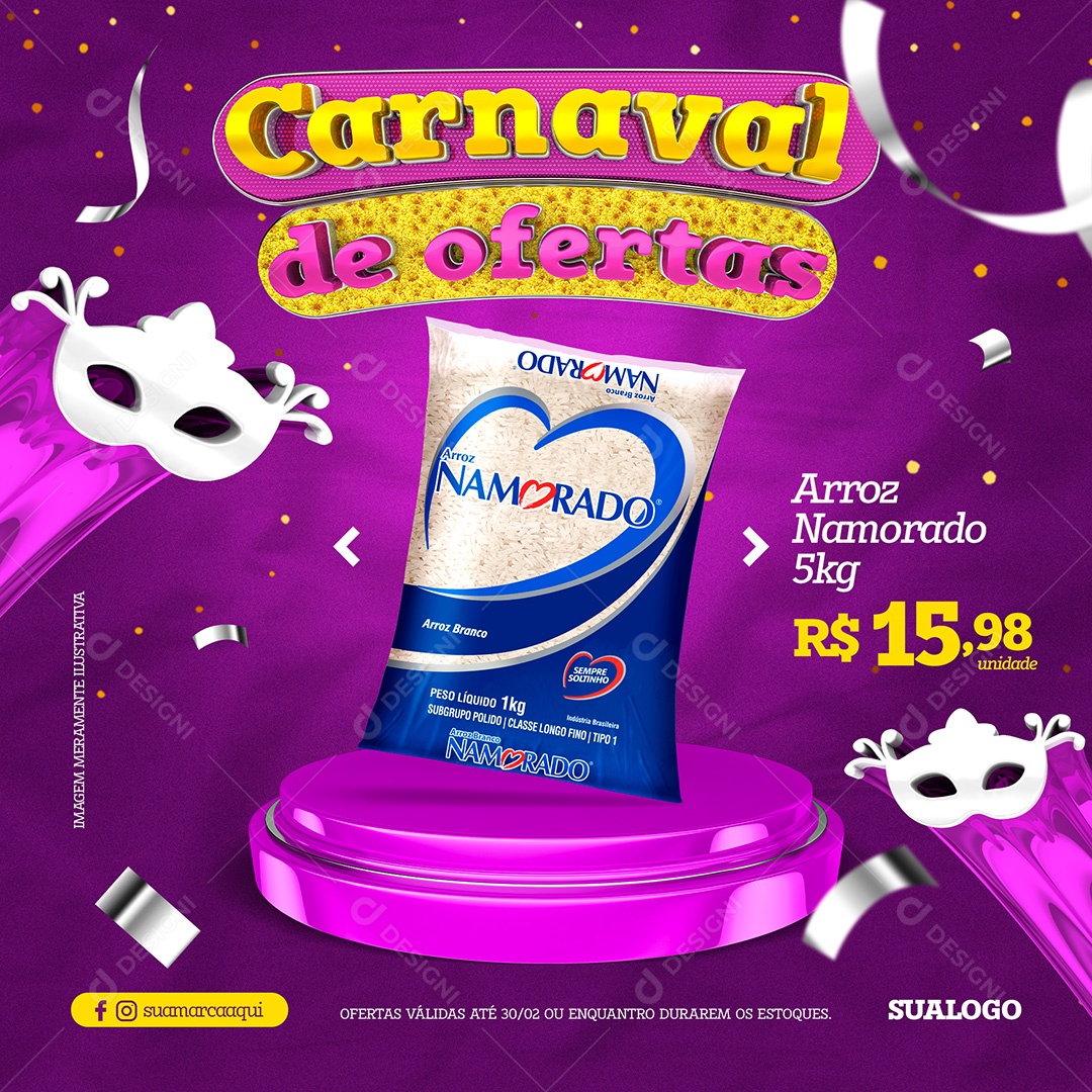 Post Supermercado Carnaval de Ofertas Arroz Namorado Social Media PSD Editável