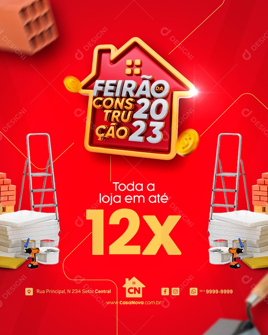 Campanha Publicitária Toda a Loja em Até 12x Feirão da Construção 2023 Social Media PSD Editável