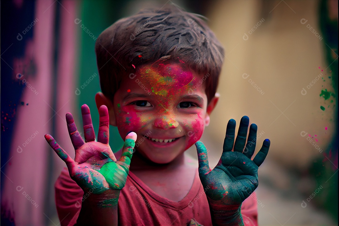 Lindas crianças pessoa bonitas brincando com tintas arco íris