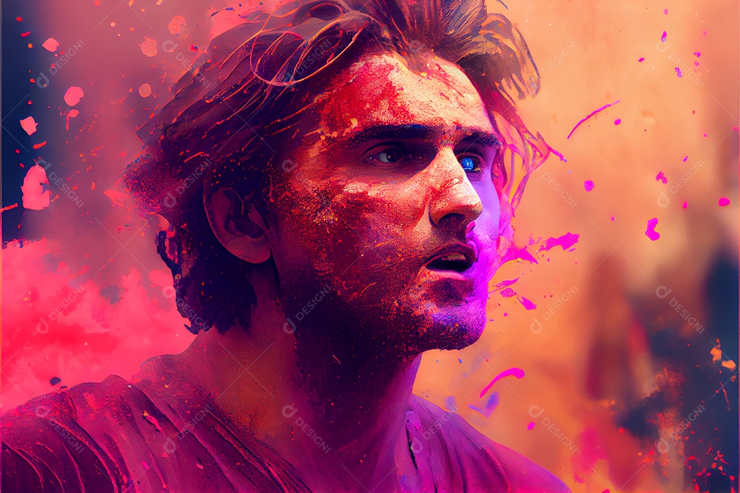 Pessoas bonitas se divertindo com tintas arco íris sorridente e felizes