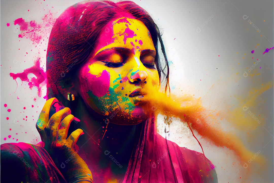 Pessoas bonitas se divertindo com tintas arco íris sorridente e felizes