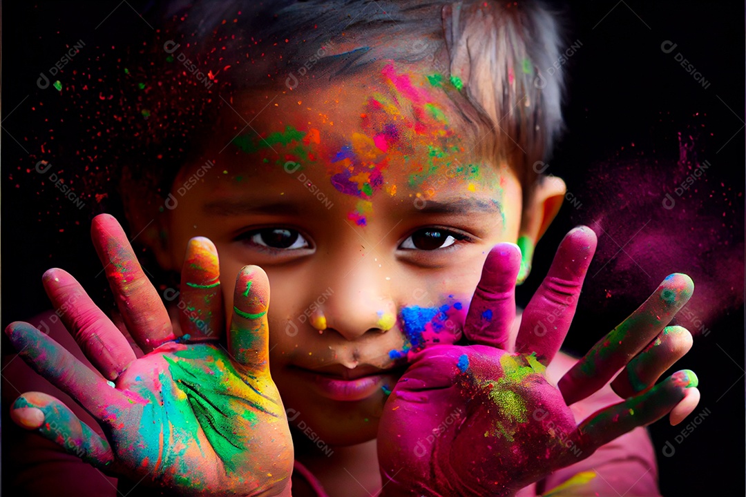 Lindas crianças pessoa bonitas brincando com tintas arco íris