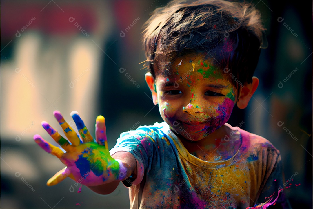 Lindas crianças pessoa bonitas brincando com tintas arco íris