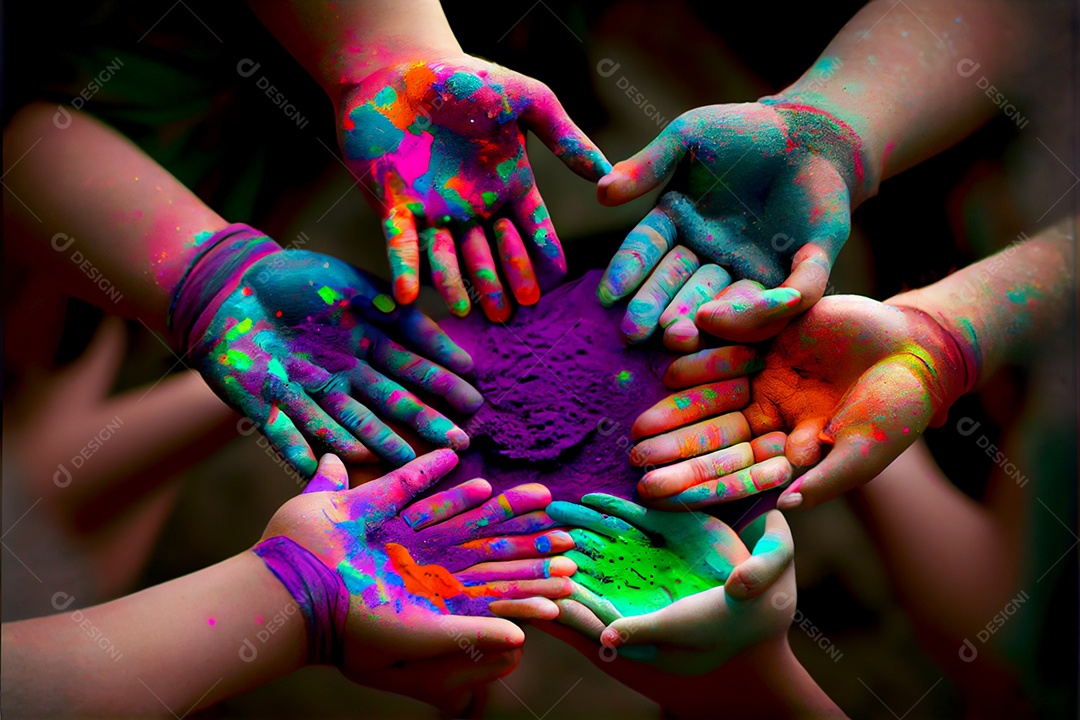 Lindas crianças pessoa bonitas brincando com tintas arco íris