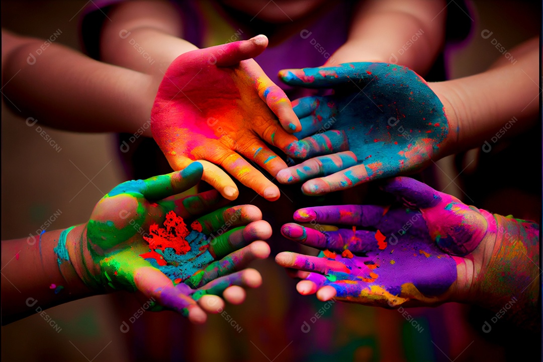 Lindas crianças pessoa bonitas brincando com tintas arco íris