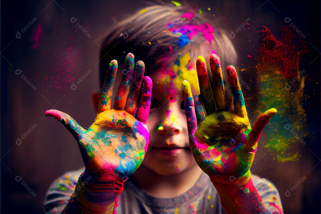 Lindas crianças pessoa bonitas brincando com tintas arco íris