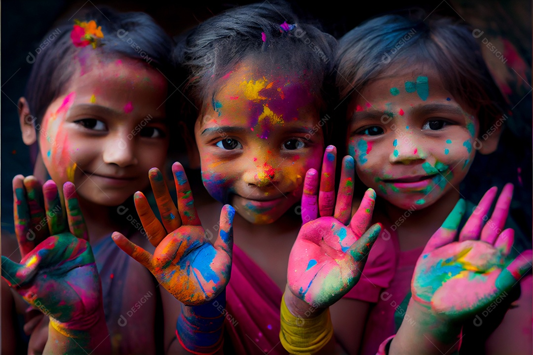 Lindas crianças pessoa bonitas brincando com tintas arco íris
