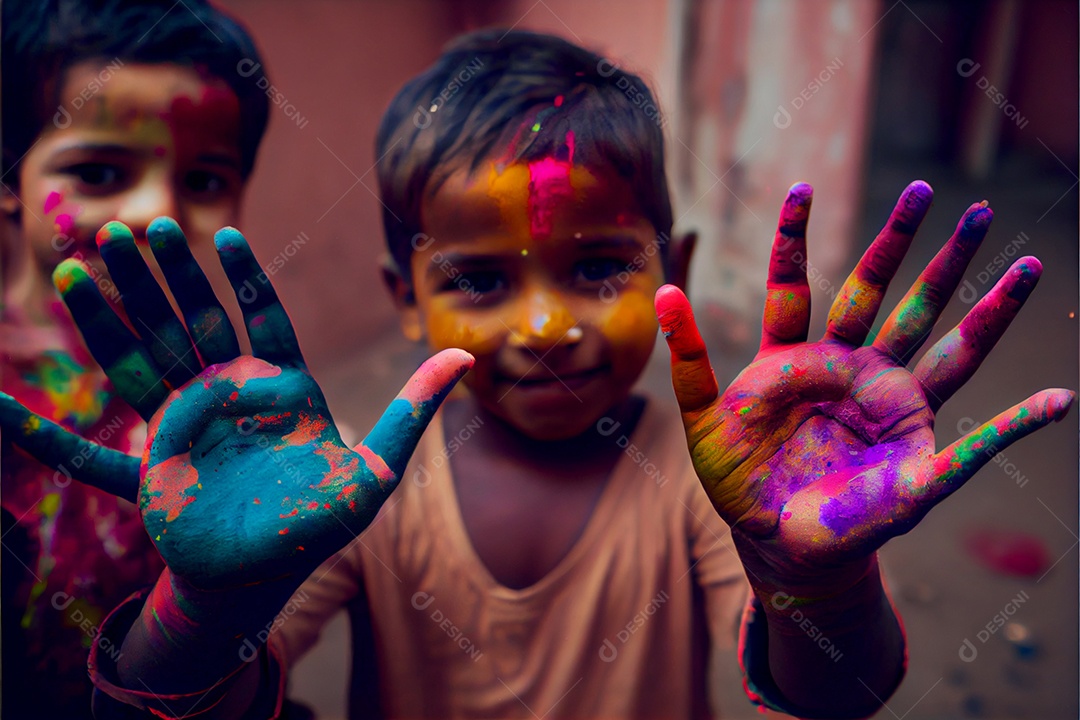 Lindas crianças pessoa bonitas brincando com tintas arco íris