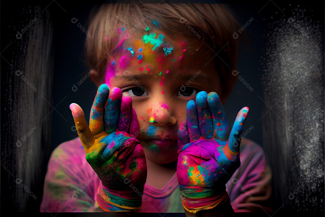 Lindas crianças pessoa bonitas brincando com tintas arco íris