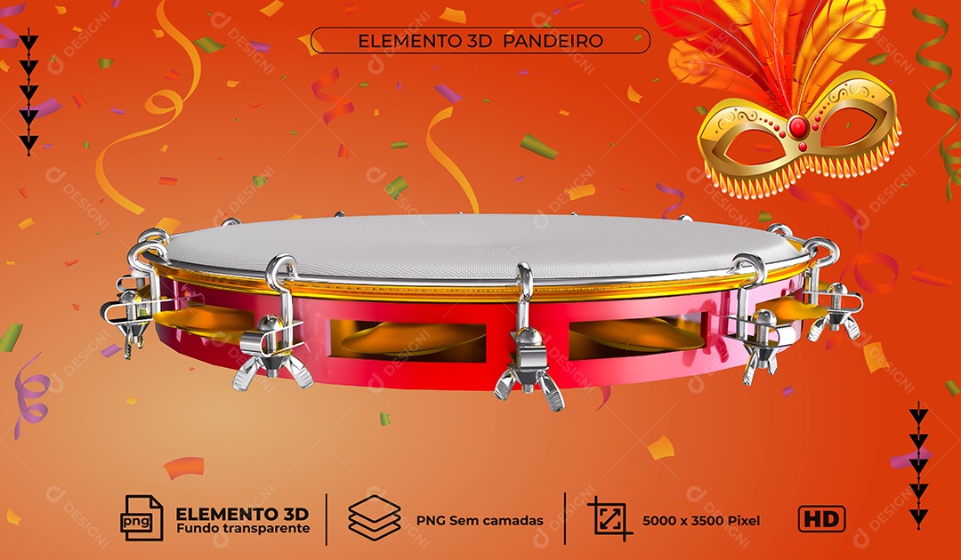 Pandeiro 3D Elemento Para Composição PNG Transparente