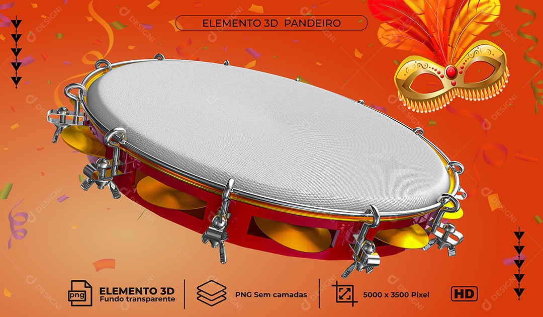 Pandeiro 3D Elemento Para Composição PNG Transparente