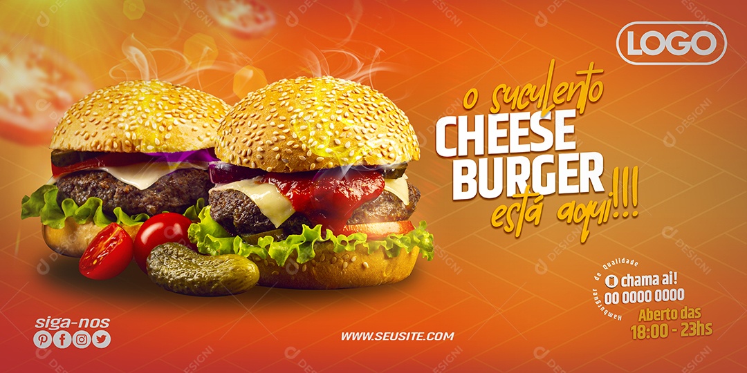 Banner o Suculento Cheese Burger Está Aqui Social Media PSD Editável