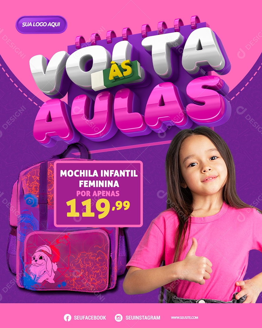 Volta às Aulas Mochila Infantil Feminina Venha Conferir Social Media PSD Editável