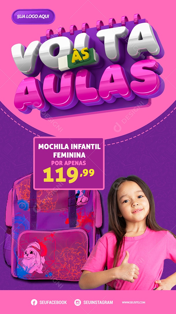 Story Volta às Aulas Mochila Infantil Feminina Venha Conferir Social Media PSD Editável