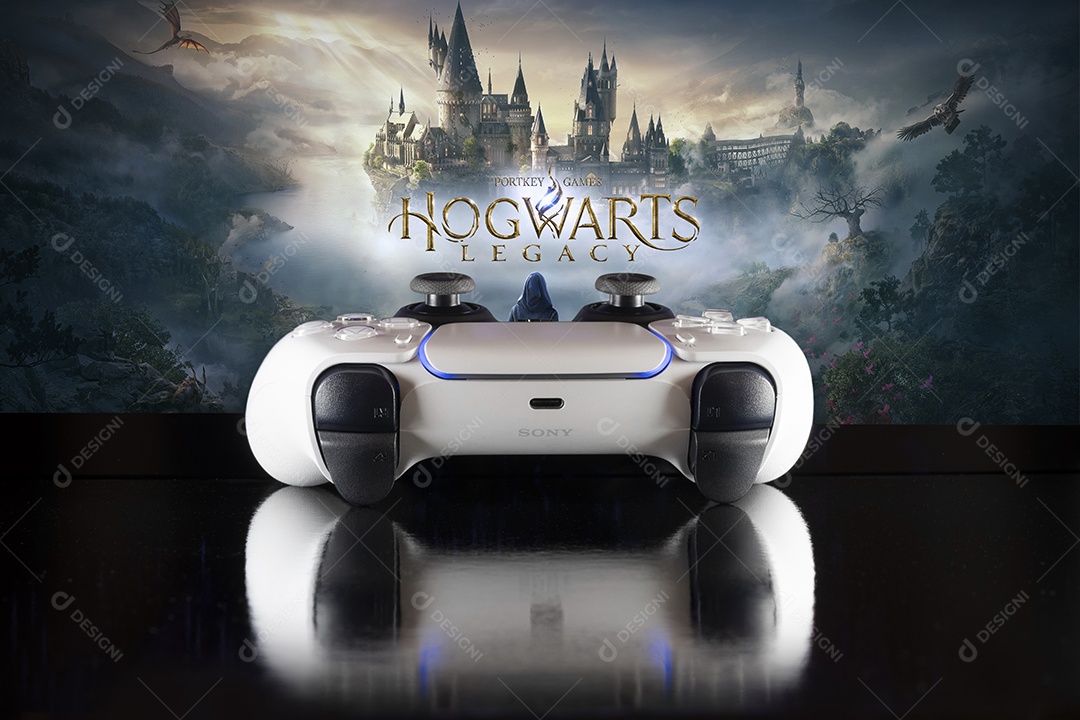 Controlador Playstation 5 com Hogwarts Legacy na tela da TV