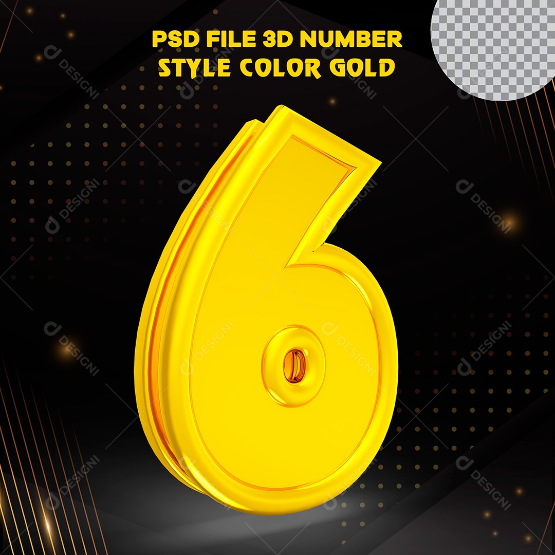 Elemento 3D Número 6 Dourado PSD Para Composição