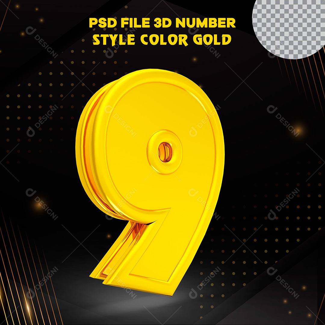 Elemento 3D Número 9 Dourado PSD Para Composição