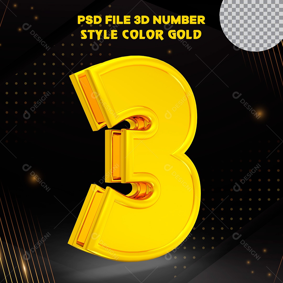 Elemento 3D Número 3 Dourado PSD Para Composição