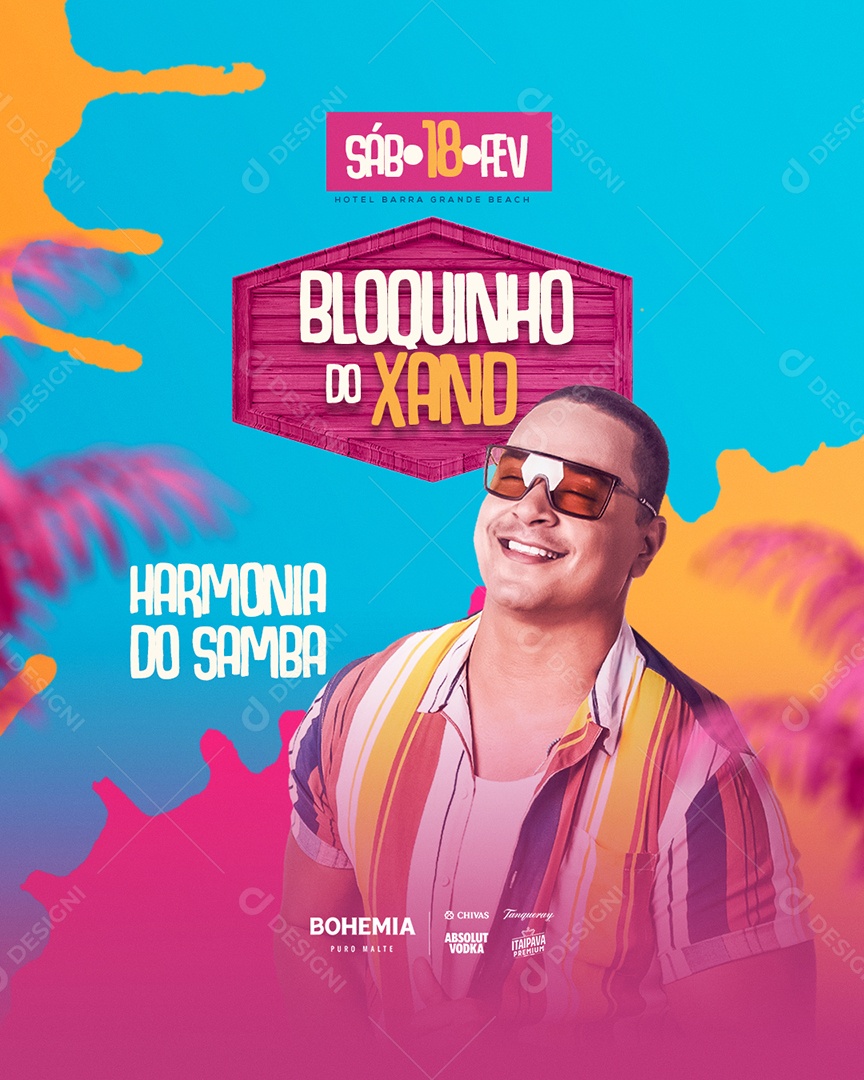 Bloquinho do Xand Harmonia do Samba Flyer de Carnaval Social Media PSD Editável