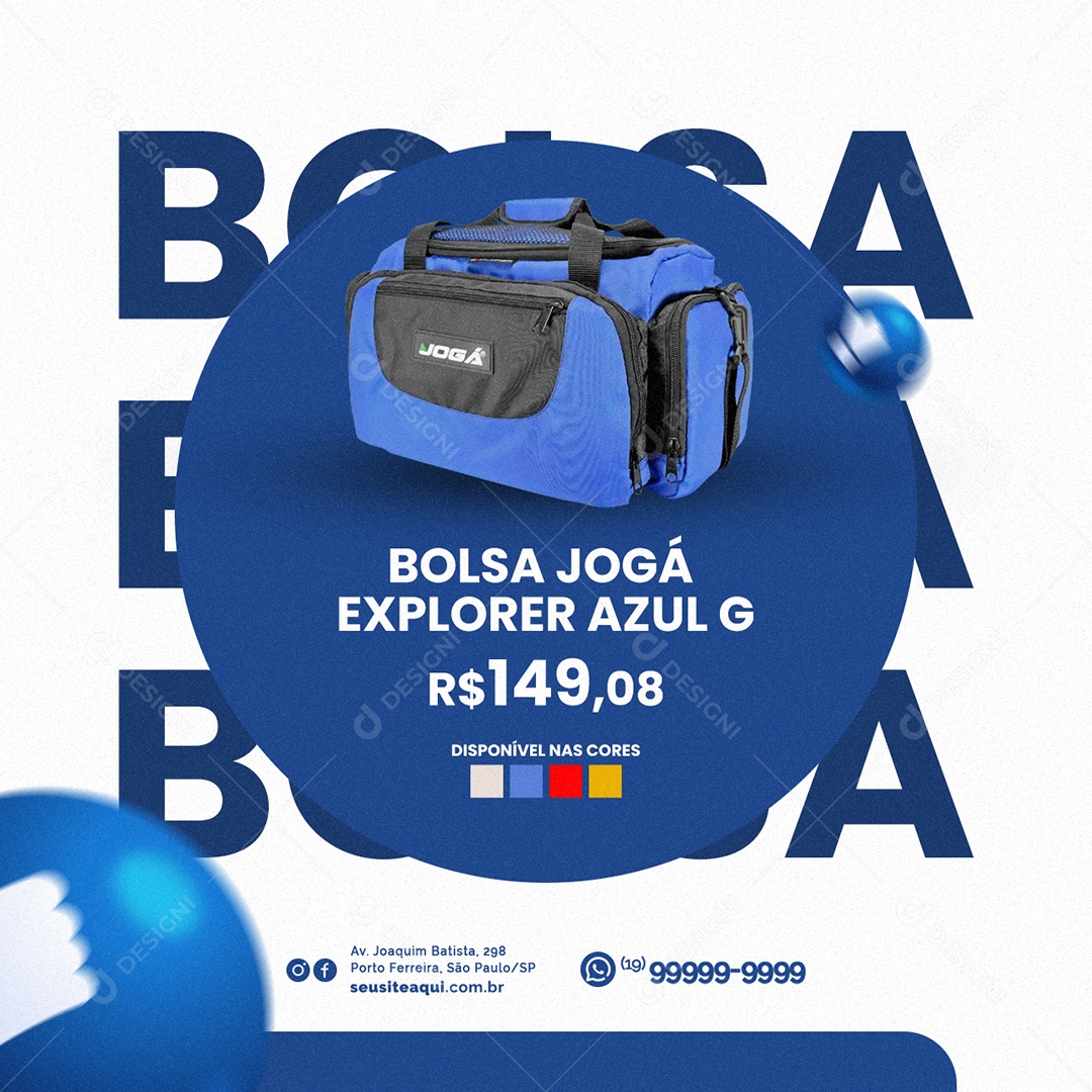 Bolsa Jogá Explorer Azul Loja de Equipamentos de Pesca Social Media PSD Editável