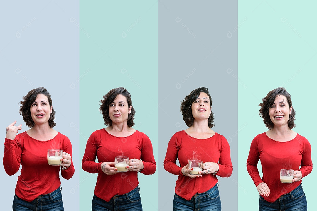 Mosaic of photos of a Brazilian woman holding a cup of cappuccino