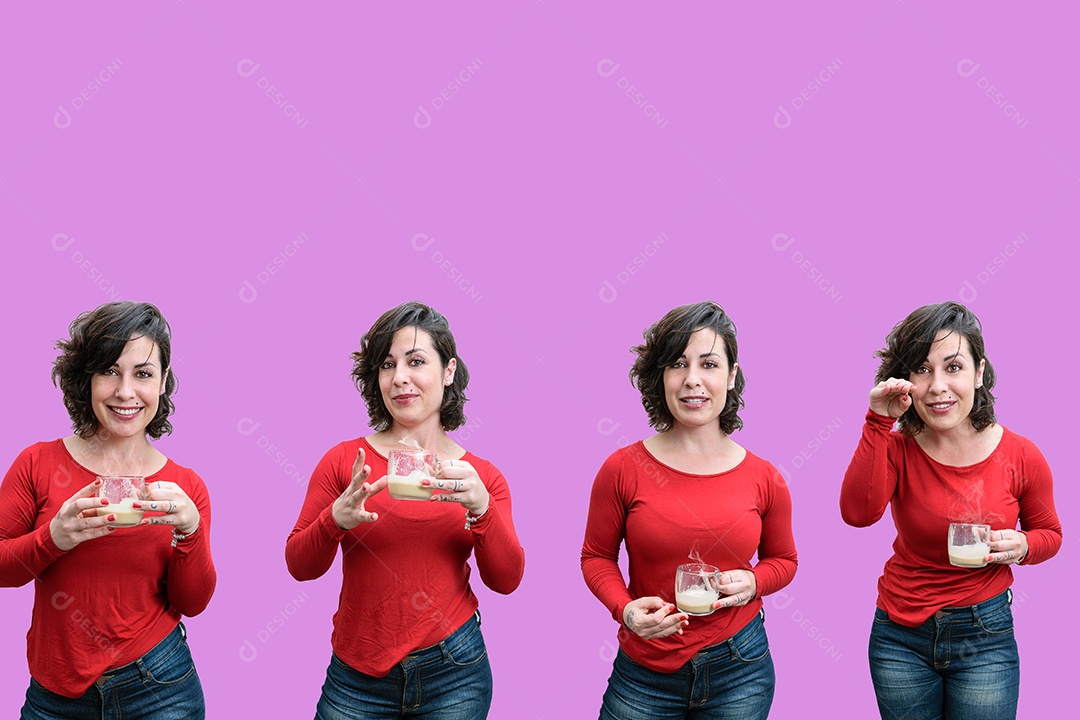 Mosaico de fotos de uma brasileira segurando uma xícara de cappuccino