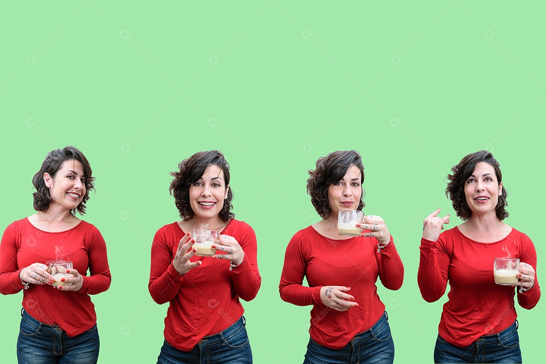 Mosaico de fotos de uma brasileira, segurando uma xícara de cappuccino