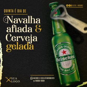 Post Barbearia Navalha Afiada e Cerveja Gelada Social Media PSD Editável