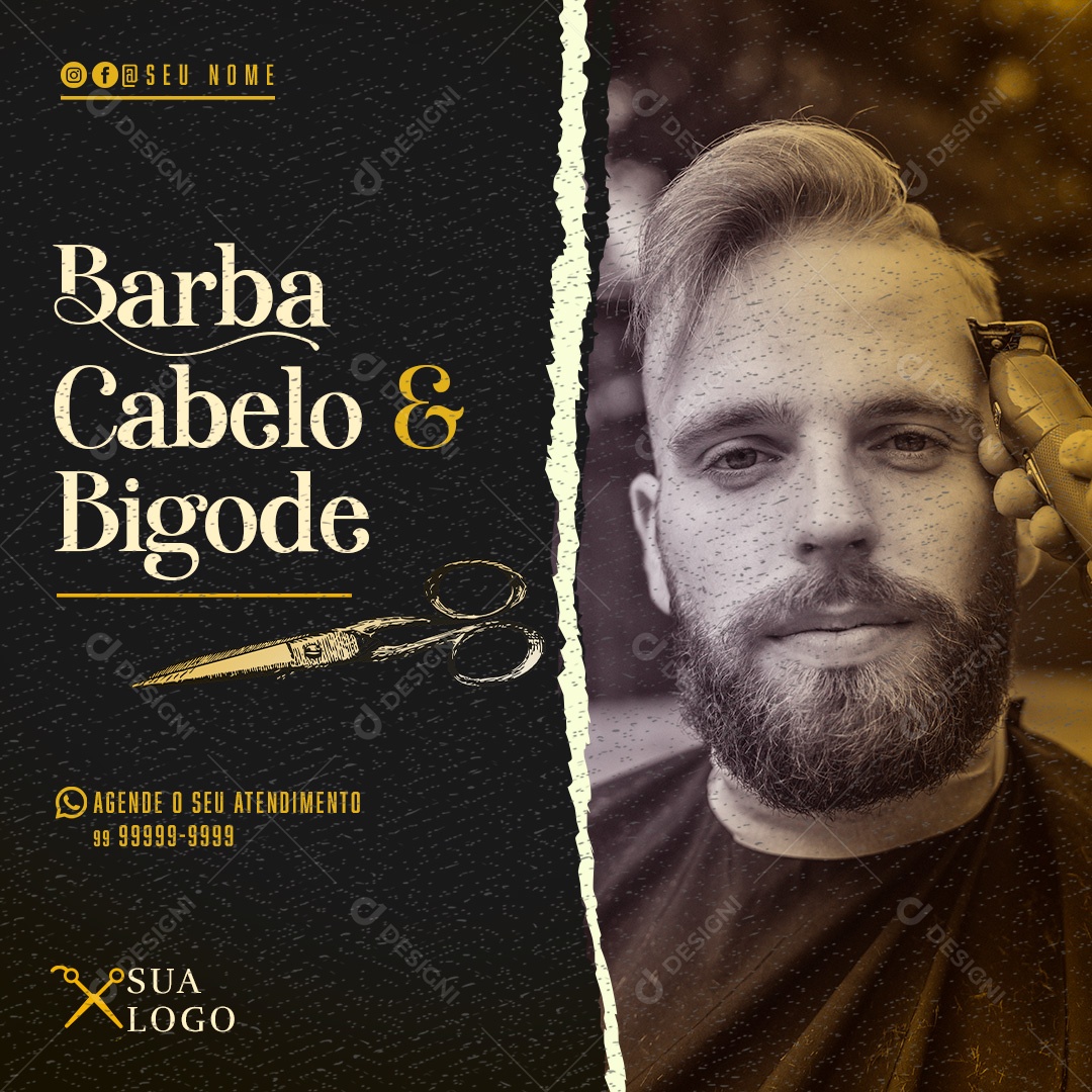 Post Barbearia Barba Cabelo e Bigode Social Media PSD Editável
