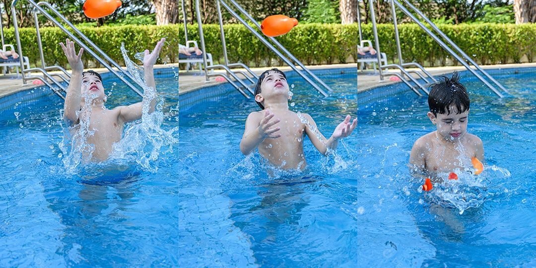 Fotomontagem mostrando uma bomba dágua explodindo no rosto de uma criança