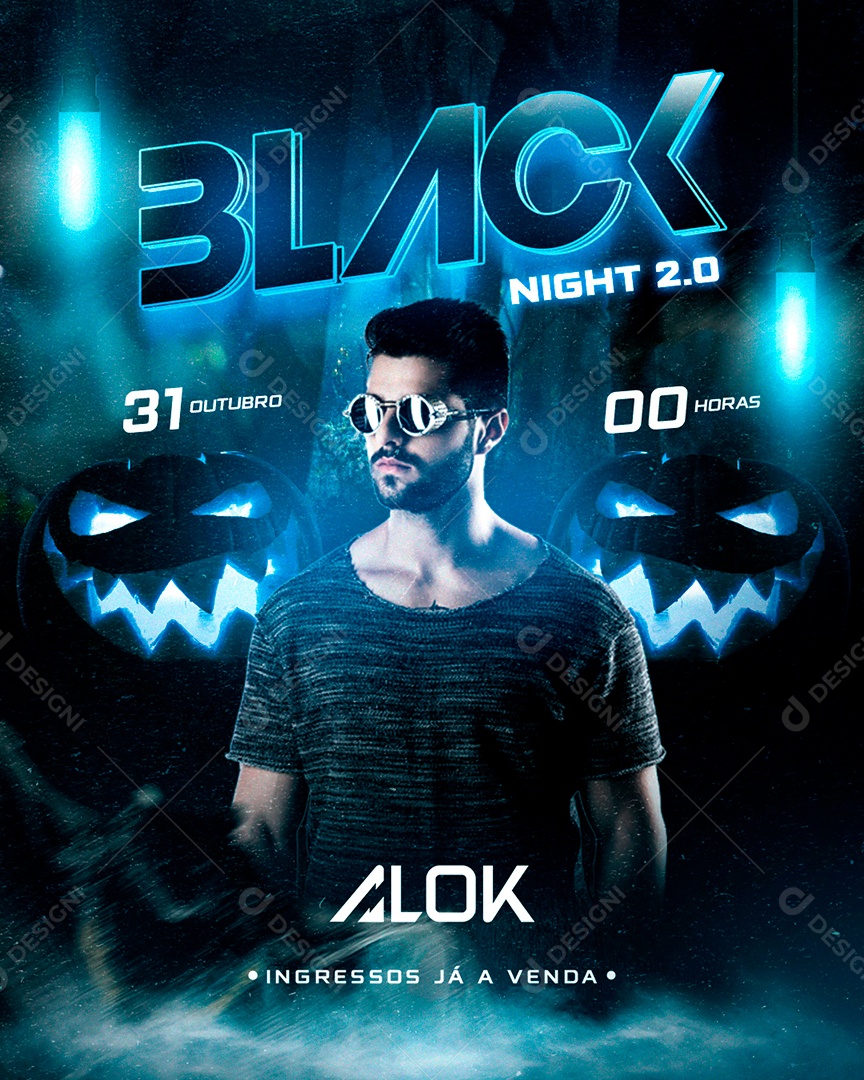 Post Flyer Black Night Alok Social Media PSD Editável