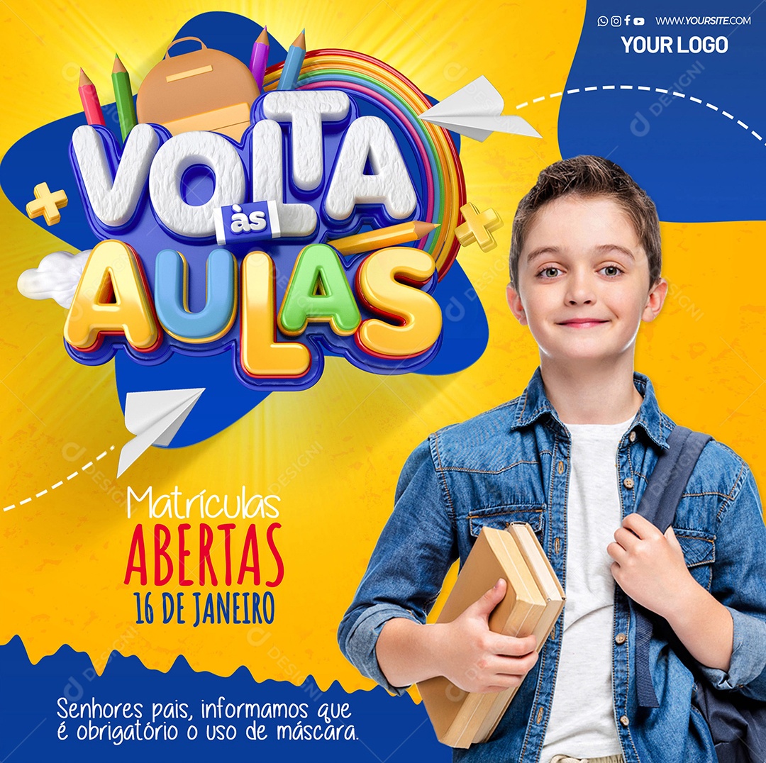 Volta às Aulas Matriculas Abertas 16 de Janeiro Social Media PSD Editável