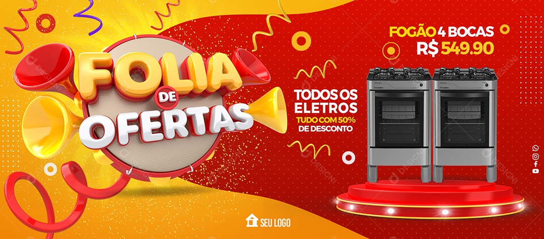 Banner Folia de Ofertas Todos os Eletros Tudo Com 50% de Desconto Social Media PSD Editável