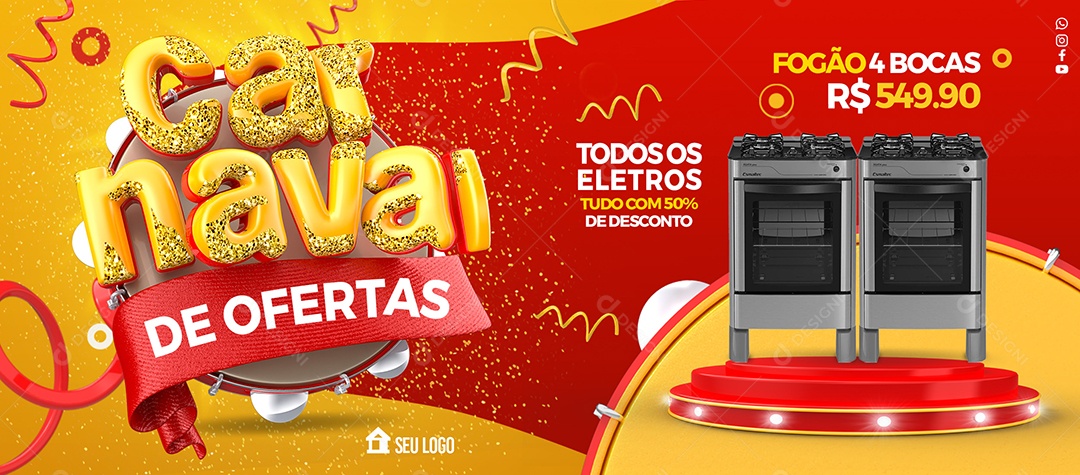 Banner Carnaval de Ofertas Todos os Eletros Tudo Com 50% de Desconto Social Media PSD Editável