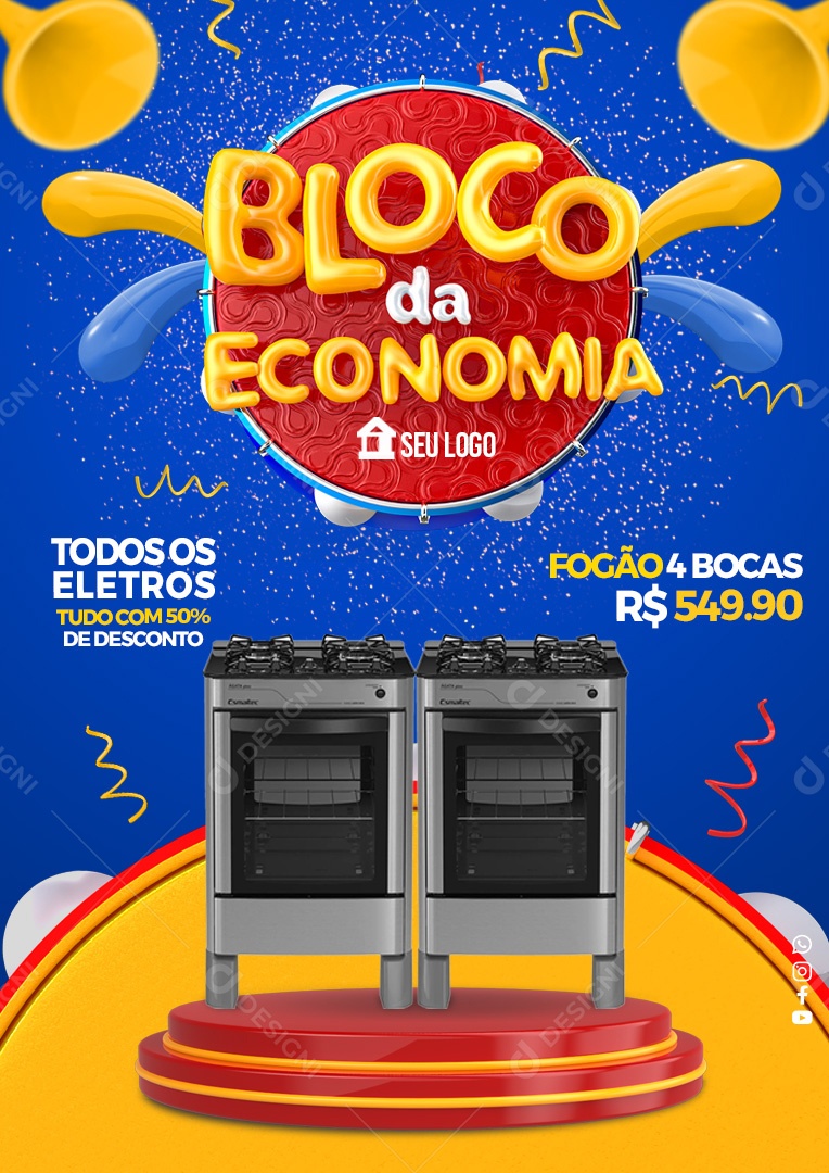 Bloco da Economia Todos os Eletros Tudo Com 50% de Desconto Social Media PSD Editável