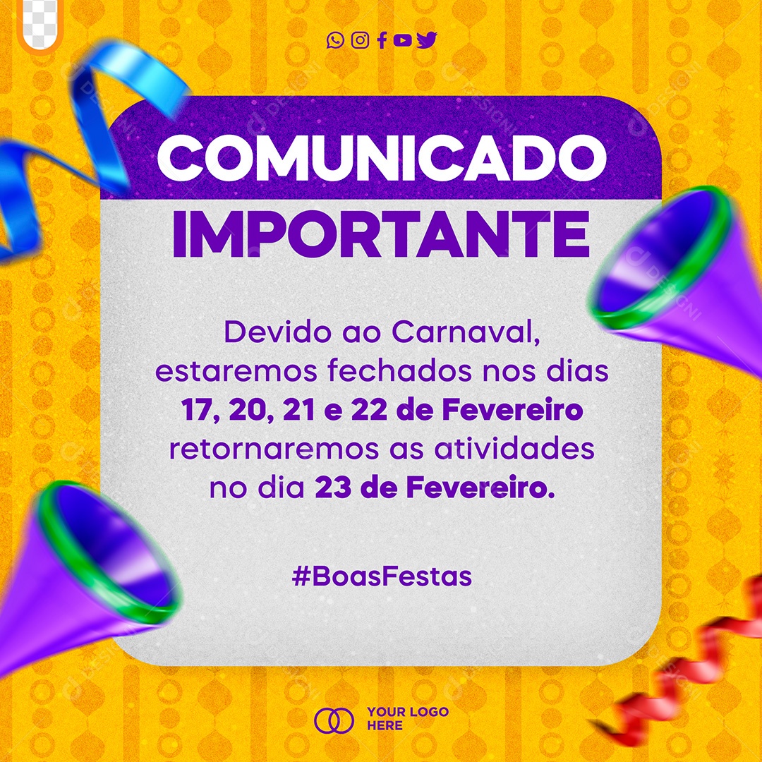 Post Carnaval Comunicado Importante Social Média PSD Editável